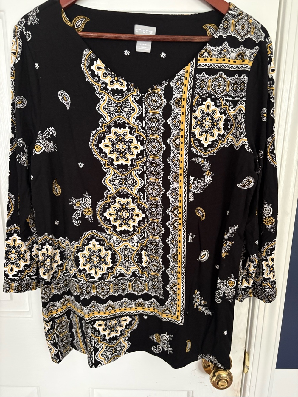 Chico's Black, Gold & White Paisley Shirt